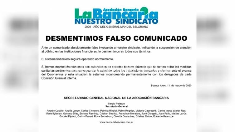 La Bancaria desmiente un falso comunicado