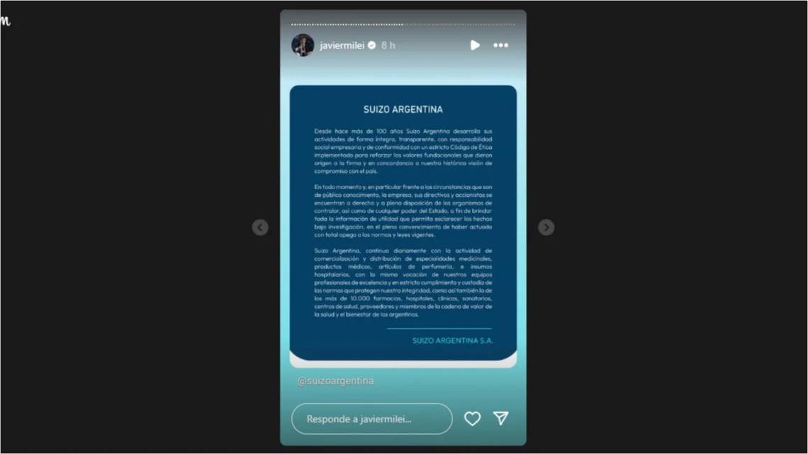 En medio del escándalo, Javier Milei compartió un comunicado de la droguería sospechada por coimas