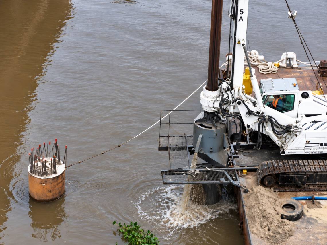 Los trabajos sobre el río Salado forman parte de la etapa final de las fundaciones del nuevo puente. (Crédito: STD)