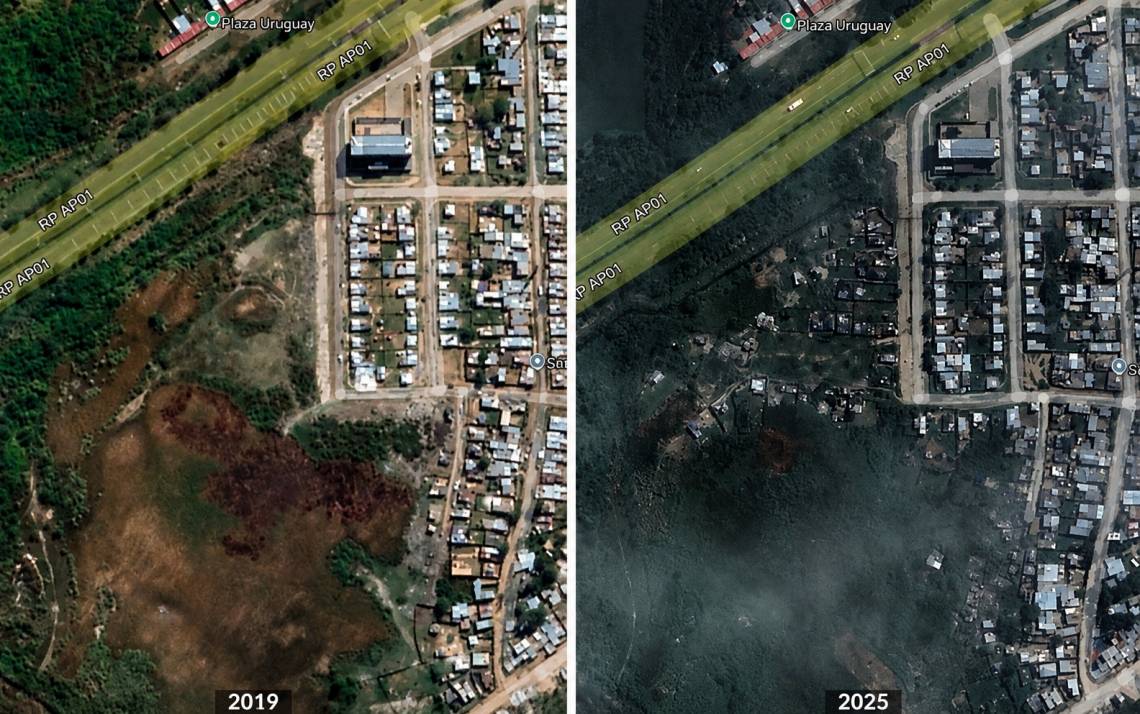 Comparación satelital de Barranquitas Sur entre 2019 y 2025, incluida en el informe sobre zonas de riesgo hídrico.